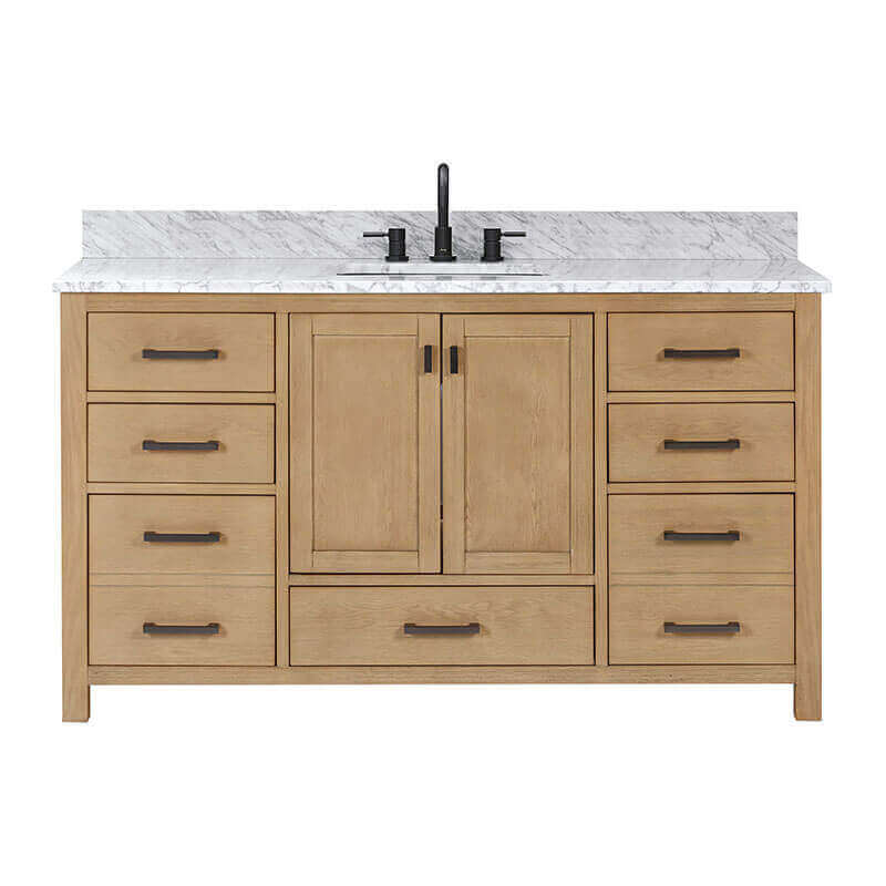 Avanity Modero 60 inch Single Vanity Brushed Oak in Carrara White Marble Front View