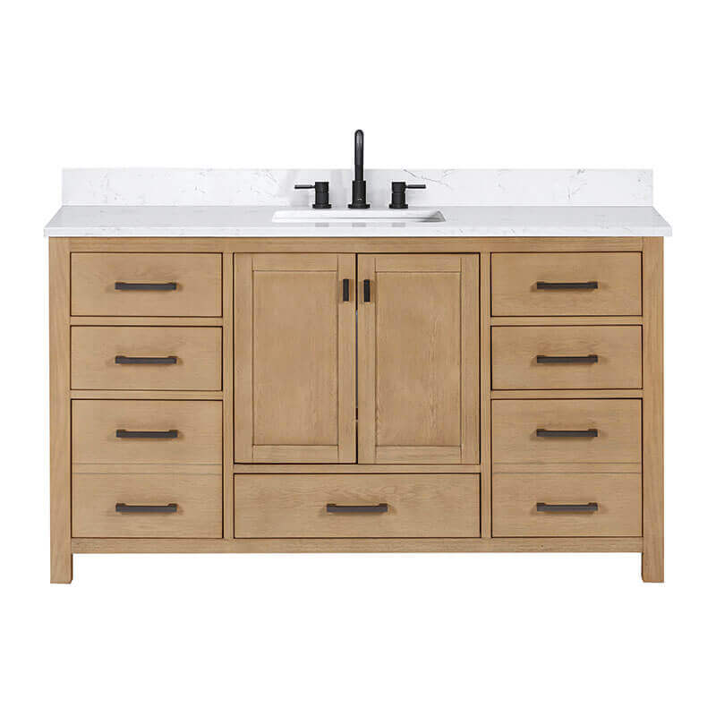 Avanity Modero 60 Single Vanity Brushed Oak in Cala White Engineered Stone Front View