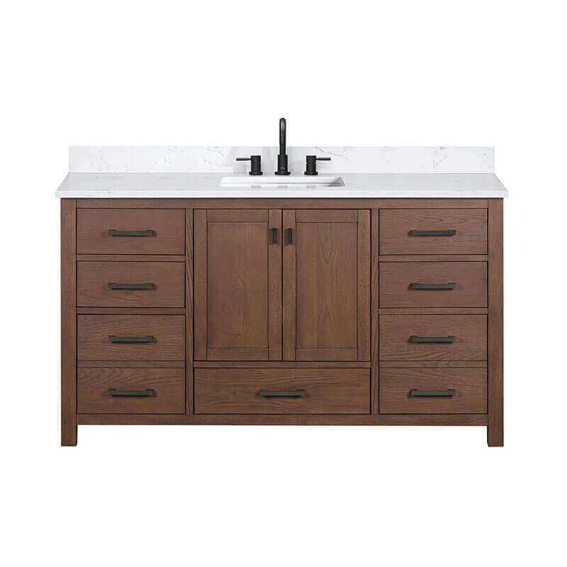 Avanity Modero 60 Single Vanity Mocha Oak in Cala White Engineered Stone Front View