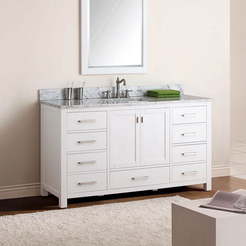 Avanity Modero 60 Single Vanity White in Carrara White Marble Corner View