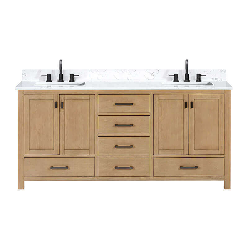Avanity Modero 72 Double Vanity Brushed Oak in Cala White Engineered Stone Front View