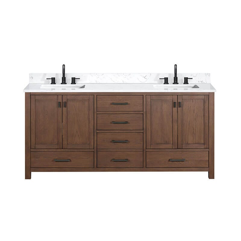 Avanity Modero 72 Double Vanity Mocha Oak in Cala White Engineered Stone Front View