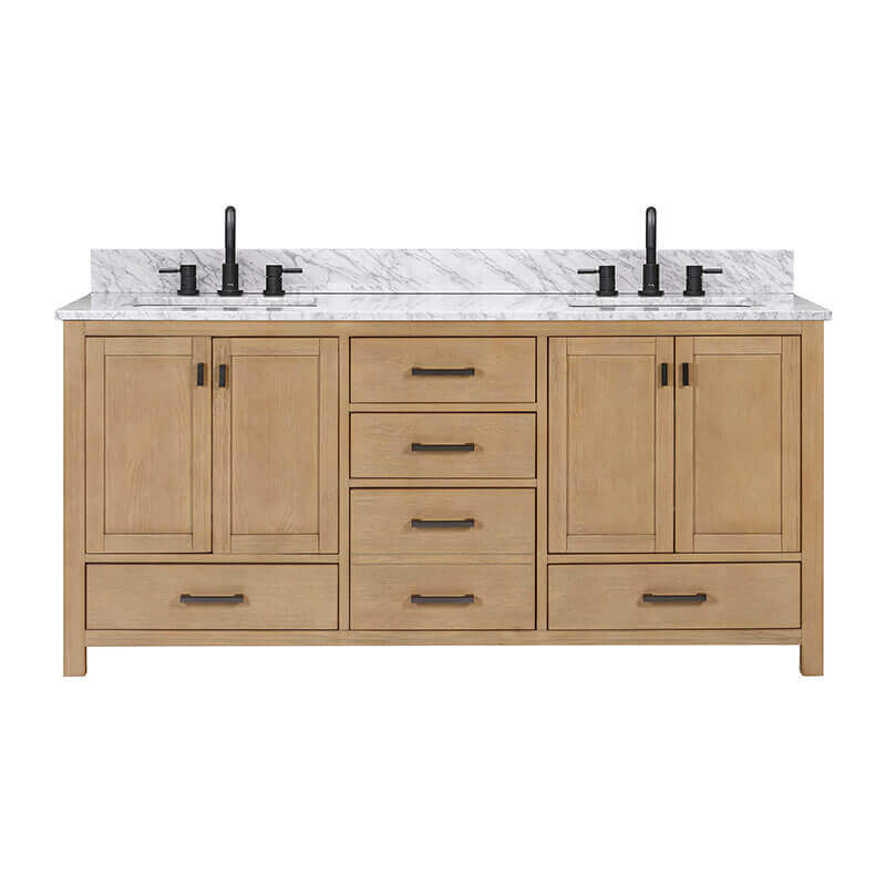 Avanity Modero 72 inch Double Vanity Brushed Oak in Carrara White Marble Front View