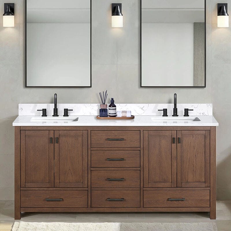 Avanity Modero 72 inch Double Vanity Mocha Oak in Cala White Engineered Stone Front View