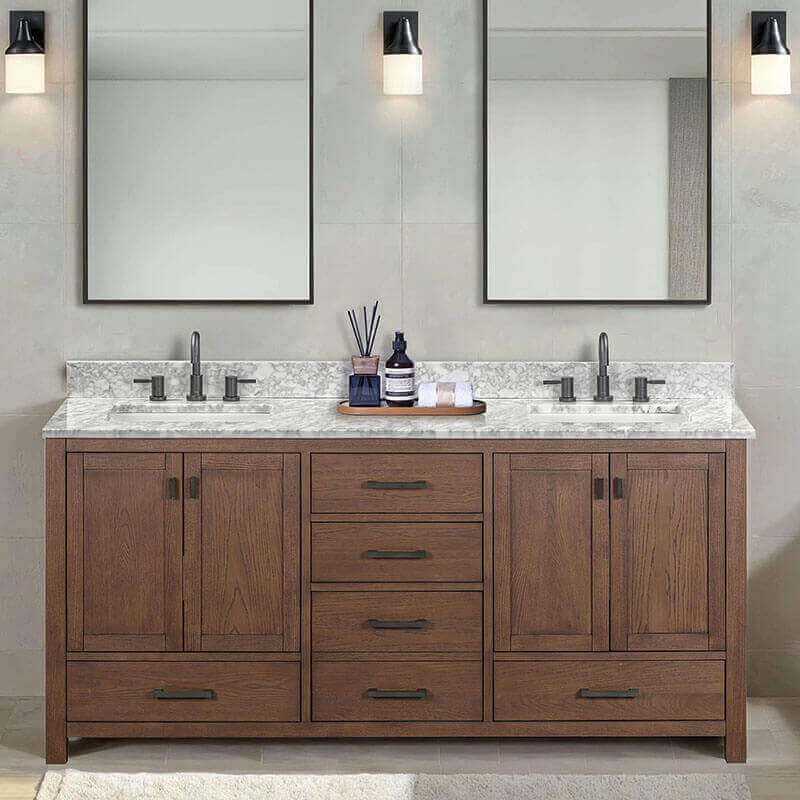 Avanity Modero 72 inch Double Vanity Mocha Oak in Carrara White Marble Front View