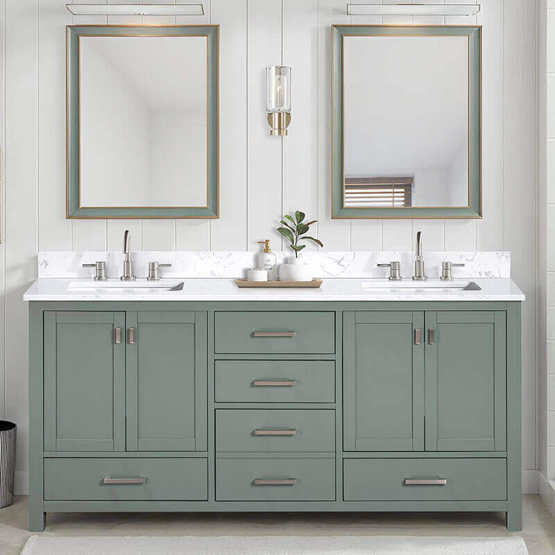 Avanity Modero 72 inch Double Vanity Smoke Green in Cala White Engineered Stone Front View