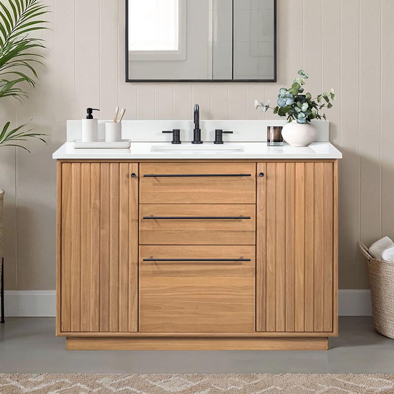 Avanity Parker 48 inch Single Sink Teak Bathroom Vanity Natural Teak in White Engineered Stone Front View
