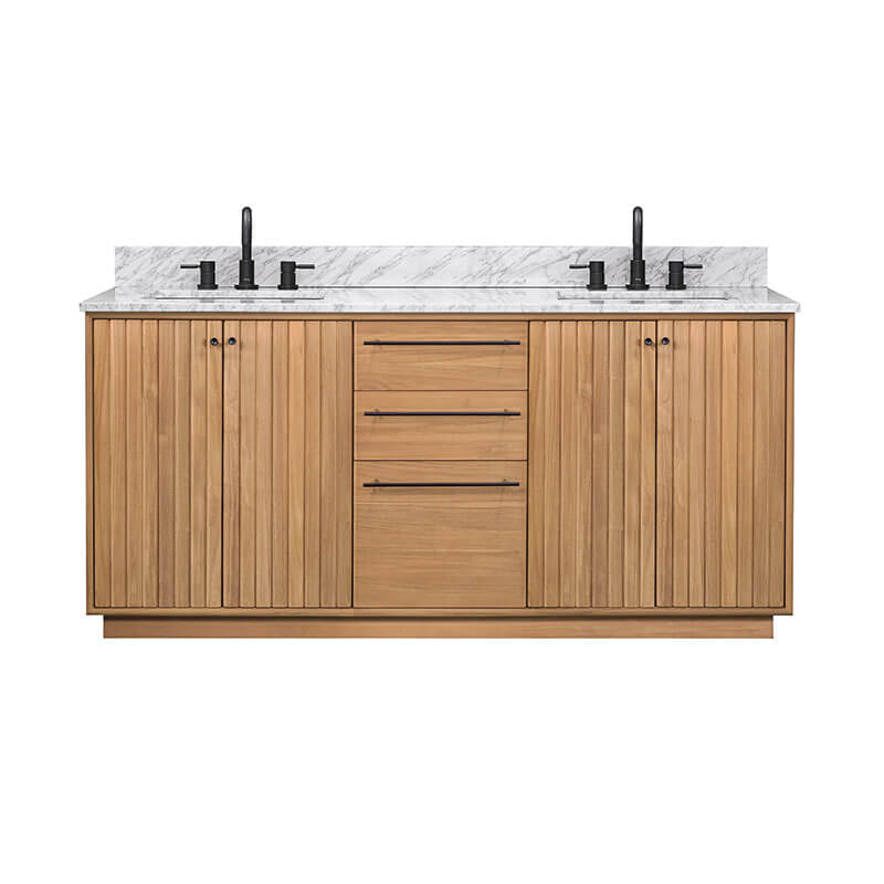 Avanity Parker 72 Double Sink Teak Bathroom Vanity Natural Teak in Carrara White Marble Front View