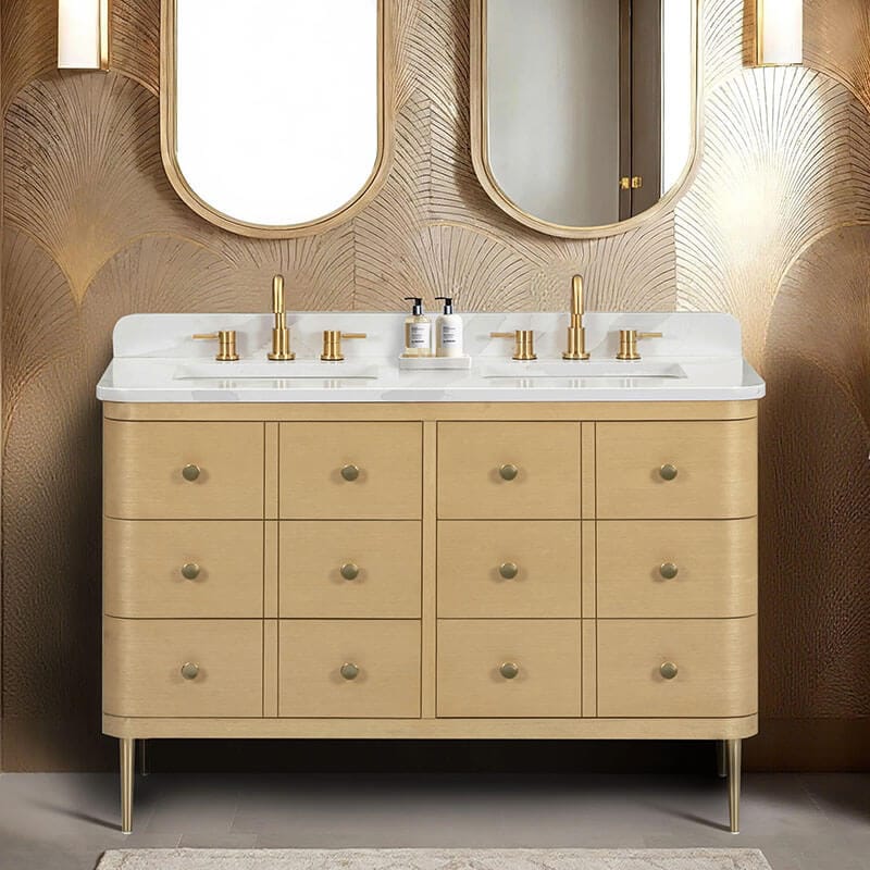 Avanity Serena 48 Single Vanity White Oak Freestanding in Calacatta Quartz Front View