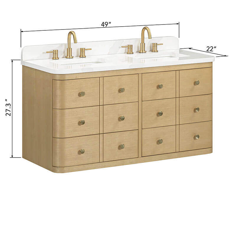 Avanity Serena 48 Single Vanity White Oak Wall-mounted in Calacatta Quartz Dimension
