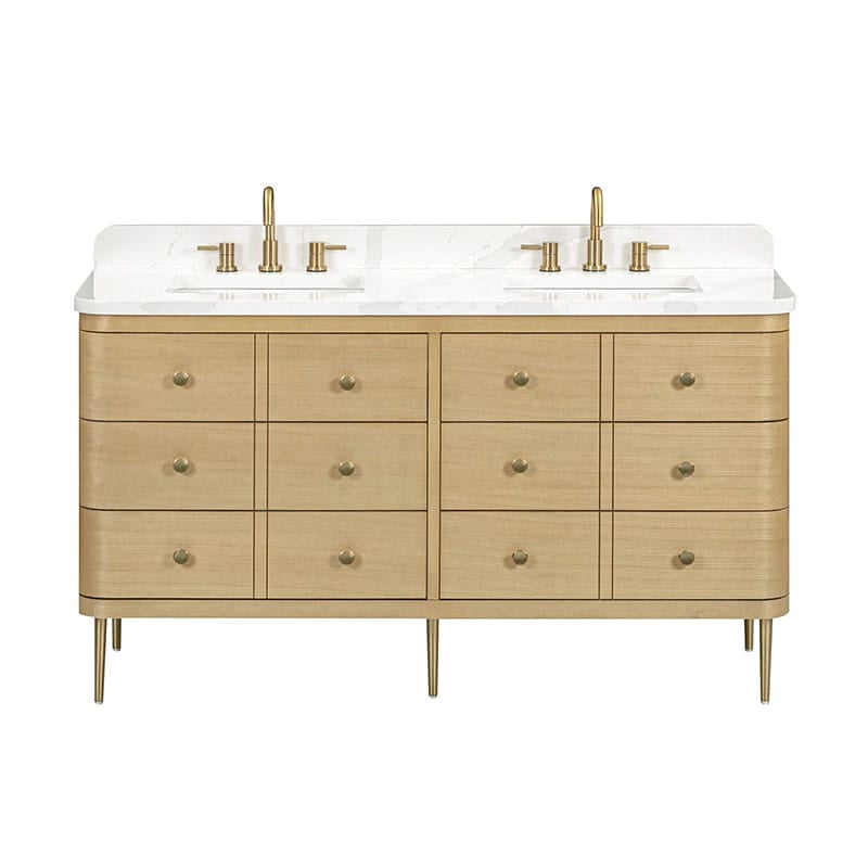 Avanity Serena 60 Double Vanity Freestanding White Oak in Calacatta Quartz Front View