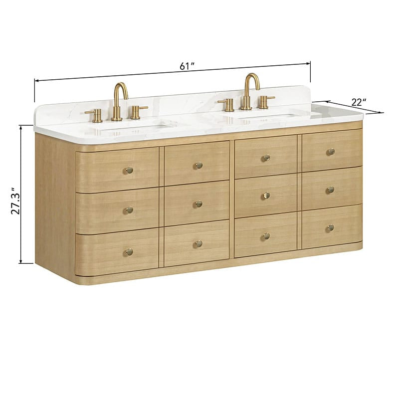 Avanity Serena 60 Double Vanity Wall-mounted White Oak in Calacatta Quartz Dimension