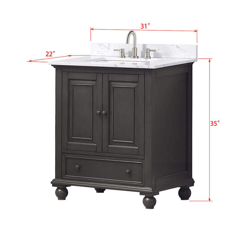 Avanity Thompson 30 Single Vanity Charcoal Glaze in Cala White Engineered Stone Dimension