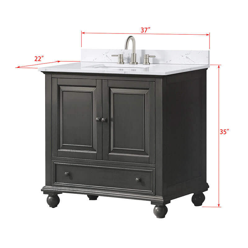 Avanity Thompson 36  Inch Single Vanity Charcoal Glaze in Cala White Engineered Stone Dimension