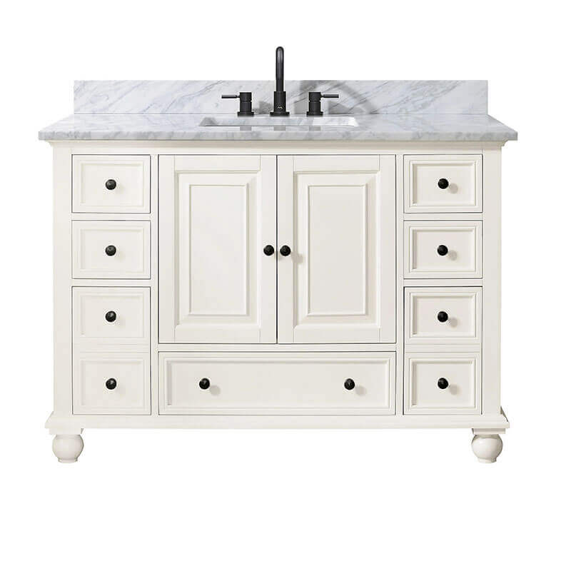 Avanity Thompson 48 Single Vanity French White in Carrara White Marble Front View