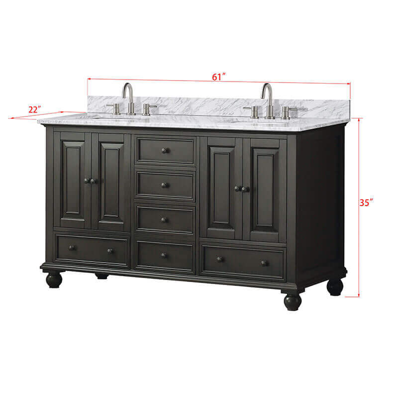 Avanity Thompson 60 Inch Double Vanity Charcoal Glaze in Carrara White Marble Dimension