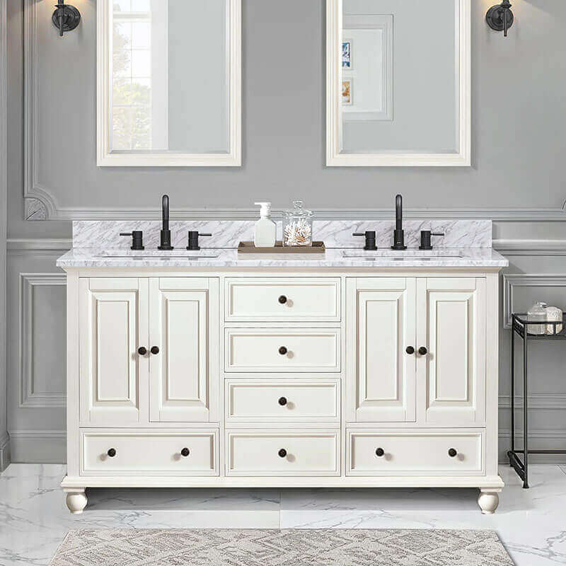 Avanity Thompson 60 Inch Double Vanity French White in Carrara White Marble Front View