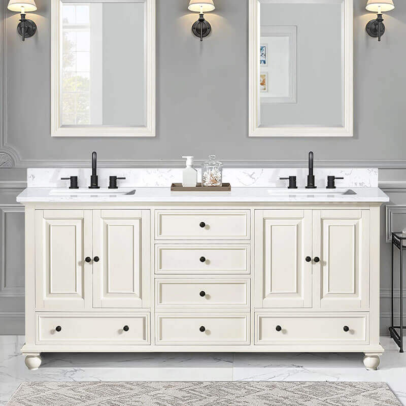 Avanity Thompson 72 Inch Double Vanity French White in Cala White Engineered Stone Front View