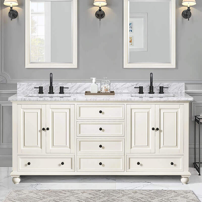 Avanity Thompson 72 Inch Double Vanity French White in Carrara White Marble Front View