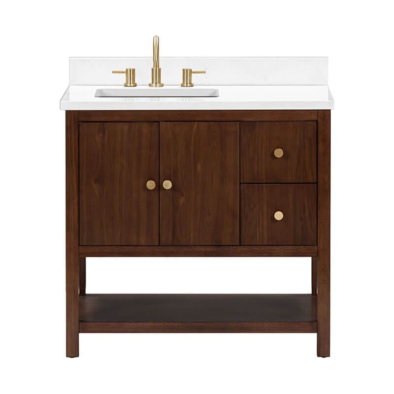 Avanity Zoe 36 Single Sink Bathroom Vanity Walnut in White Quartz Front View