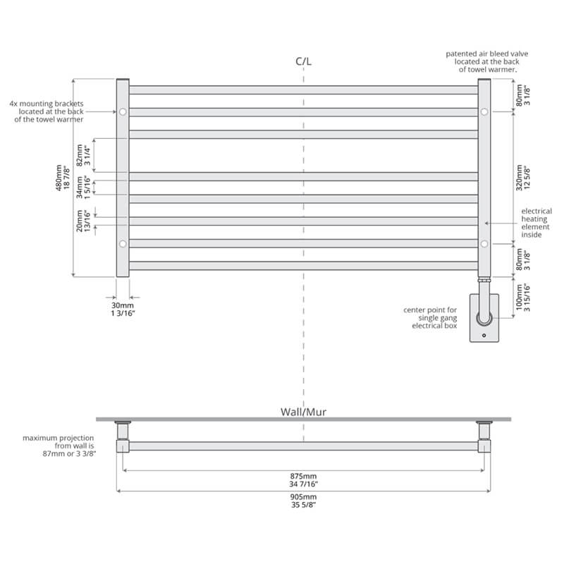 Avento 35.5" x 19" Towel Warmer Technical Drawing