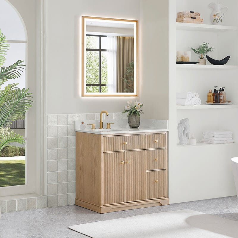 Barnett 36 inch Single Bathroom Vanity with Top Natural Oak Corner View