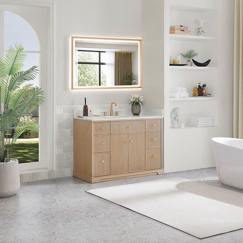 Barnett 48 inch Single Bathroom Vanity with Top Natural Oak Corner View
