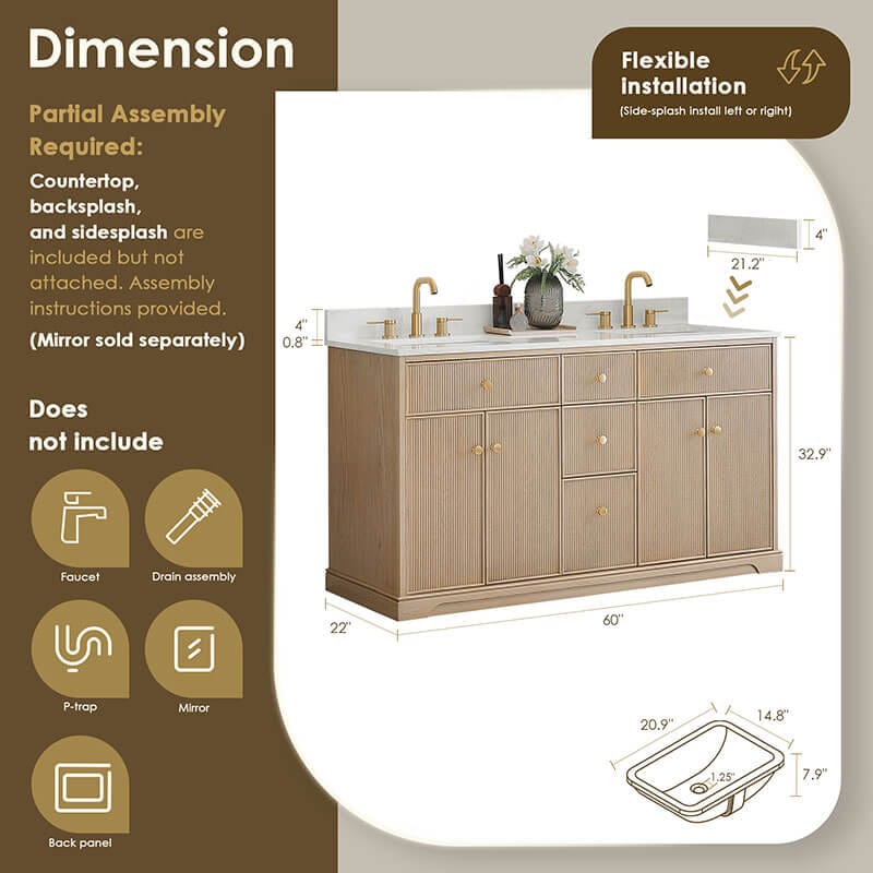 Barnett 60 Double Bathroom Vanity with Top Natural Oak Dimension