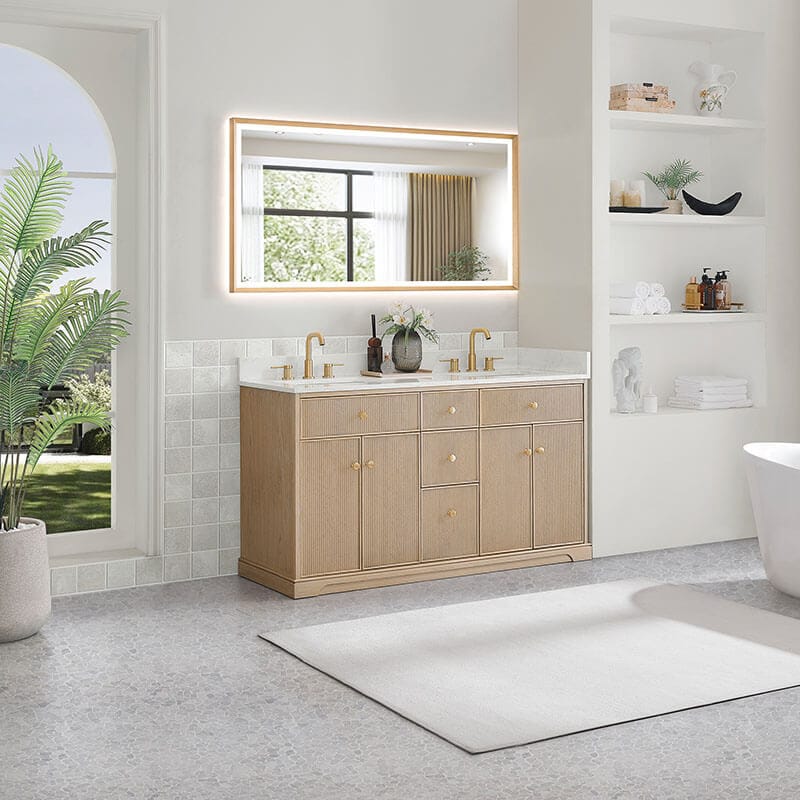Barnett 60 inch Double Bathroom Vanity with Top Natural Oak Corner View