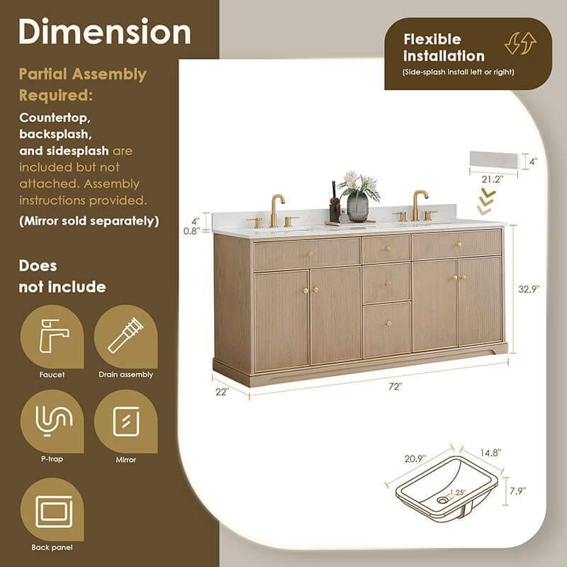 Barnett 72 Double Bathroom Vanity with Top Natural Oak Dimension