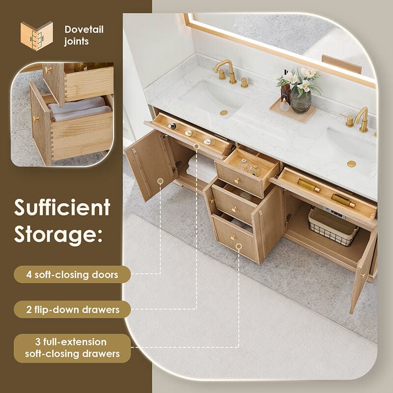 Barnett 72 Double Bathroom Vanity with Top Natural Oak Suffient Storage
