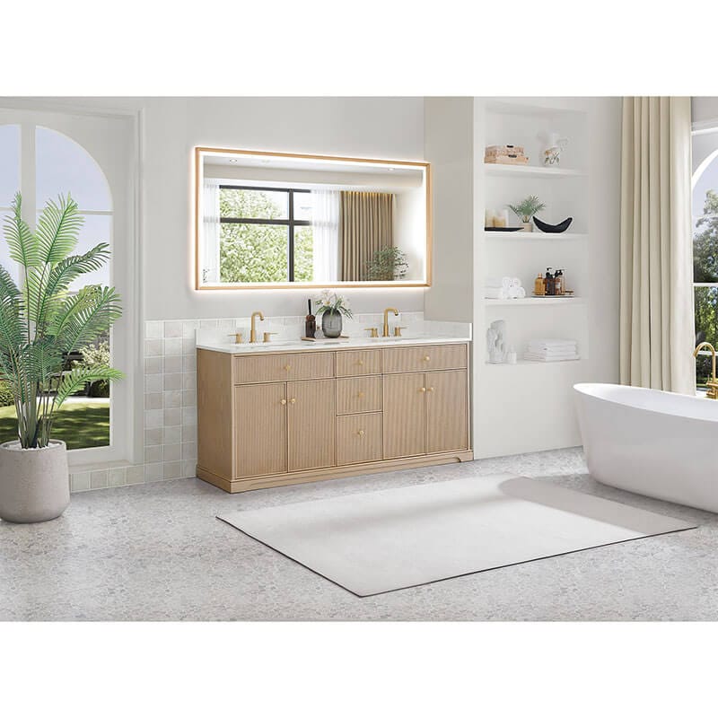 Barnett 72 inch Double Bathroom Vanity with Top Natural Oak Corner View