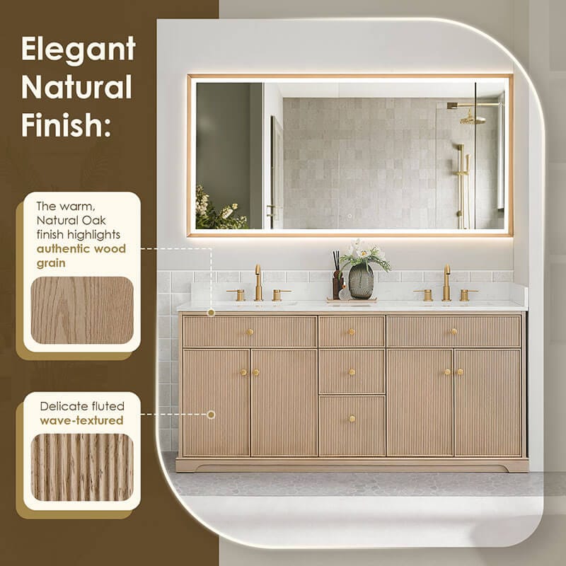 Barnett 72 inch Double Bathroom Vanity with Top Natural Oak Elegant Finish
