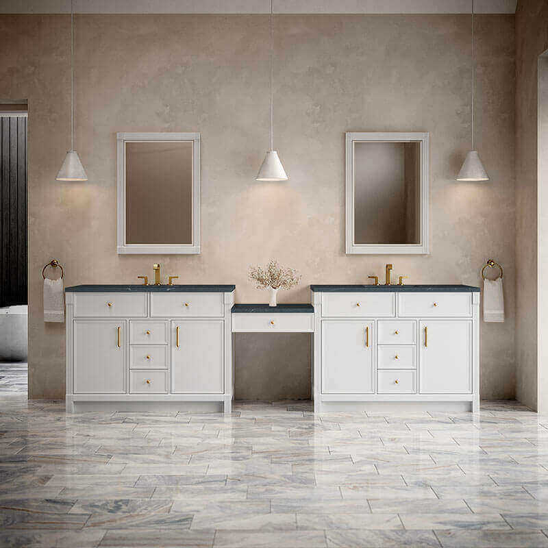 Bellshire 120 Dual Vanity With 24 Make-Up Counter Bright White in Charcoal Soapstone Silestone Top Front View