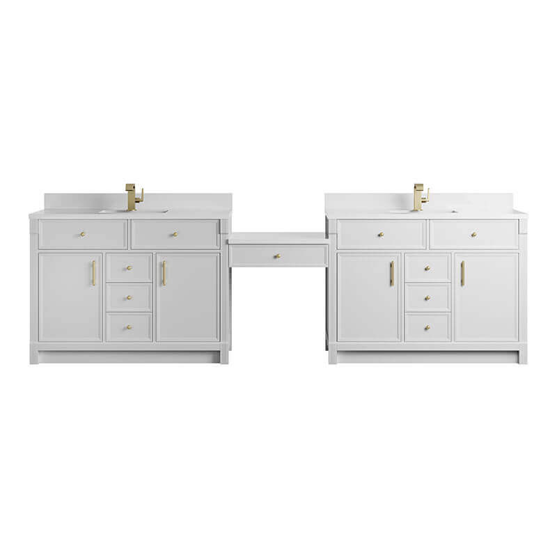 Bellshire 120 Dual Vanity With 24 Make-Up Counter Bright White in Faucet White Zeus Silestone Top & Backsplash Front View
