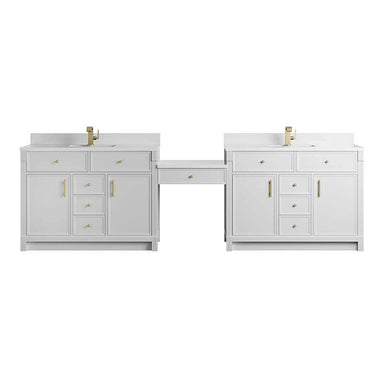 Bellshire 120 Dual Vanity With 24 Make-Up Counter Bright White in Faucet White Zeus Silestone Top & Backsplash Front View