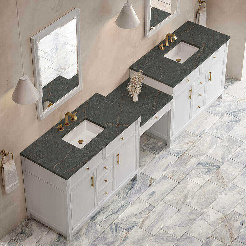 Bellshire 120 Dual Vanity With 24 Make-Up Counter Bright White in Parisien Bleu Silestone Top