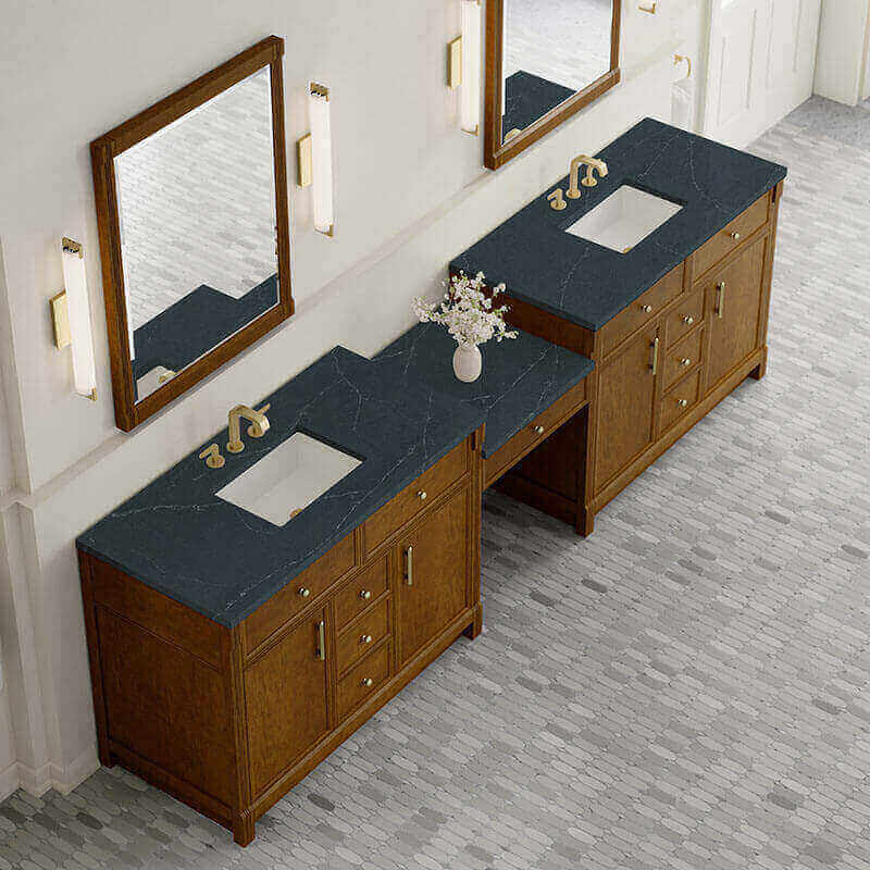 Bellshire 120 Dual Vanity With 24 Make-Up Counter Honey Oak in Charcoal Soapstone Silestone Top