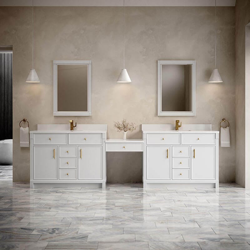 Bellshire 120 Inch Dual Vanity With 24 Inch Make-Up Counter Bright White in Faucet White Zeus Silestone Top & Backsplash Front View