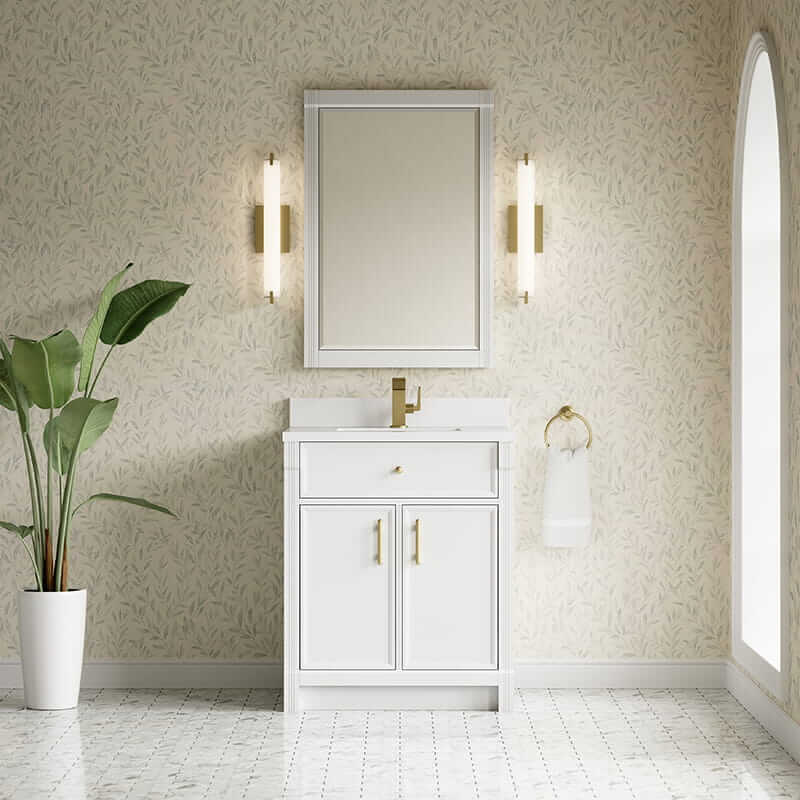 Bellshire 30 Inch Single Vanity in Bright White With Single Hole Faucet White Zeus Silestone Top Backsplash