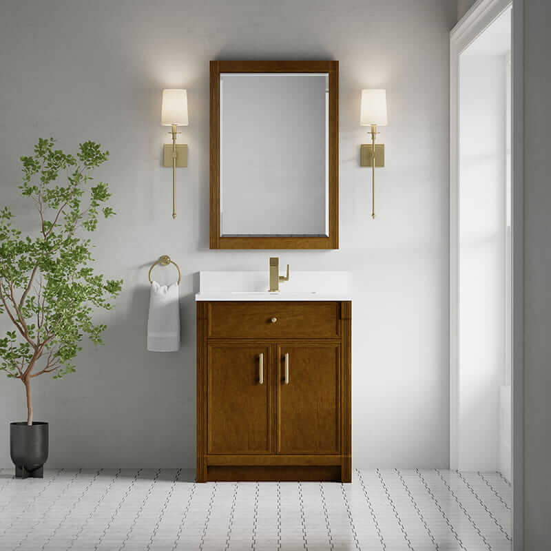 Bellshire 30 Inch Single Vanity in Honey Oak With Single Hole Faucet White Zeus Silestone Top Backsplash