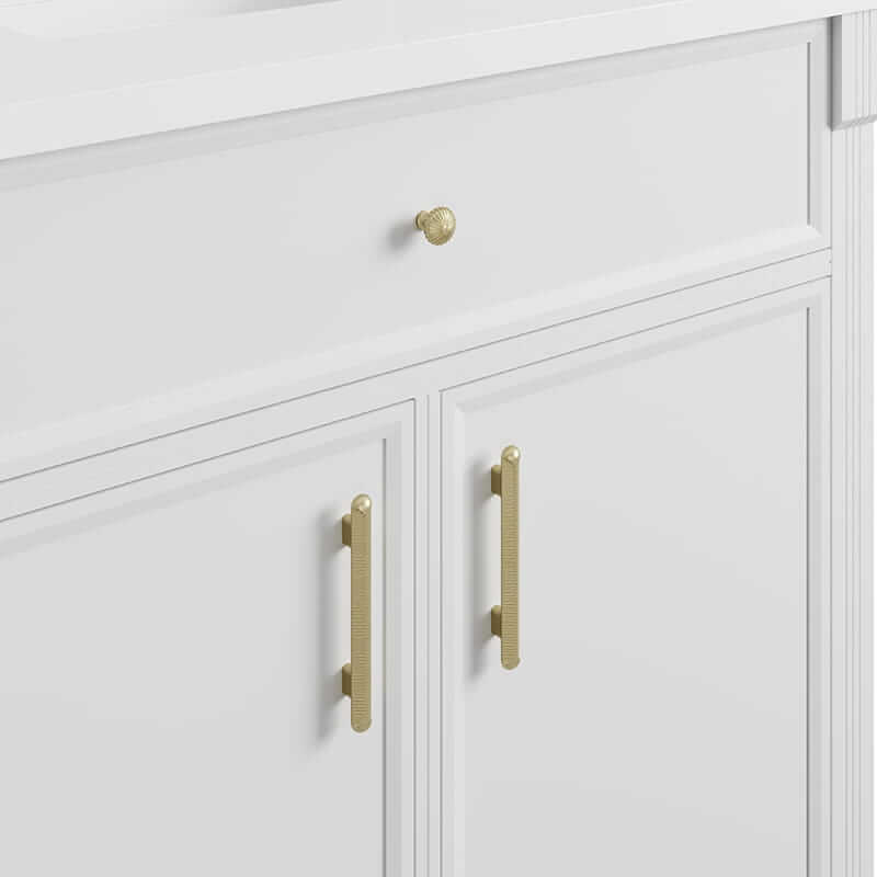 Bellshire 36 Inch Single Vanity in Bright White With Champagne Brass Knobs and Pulls