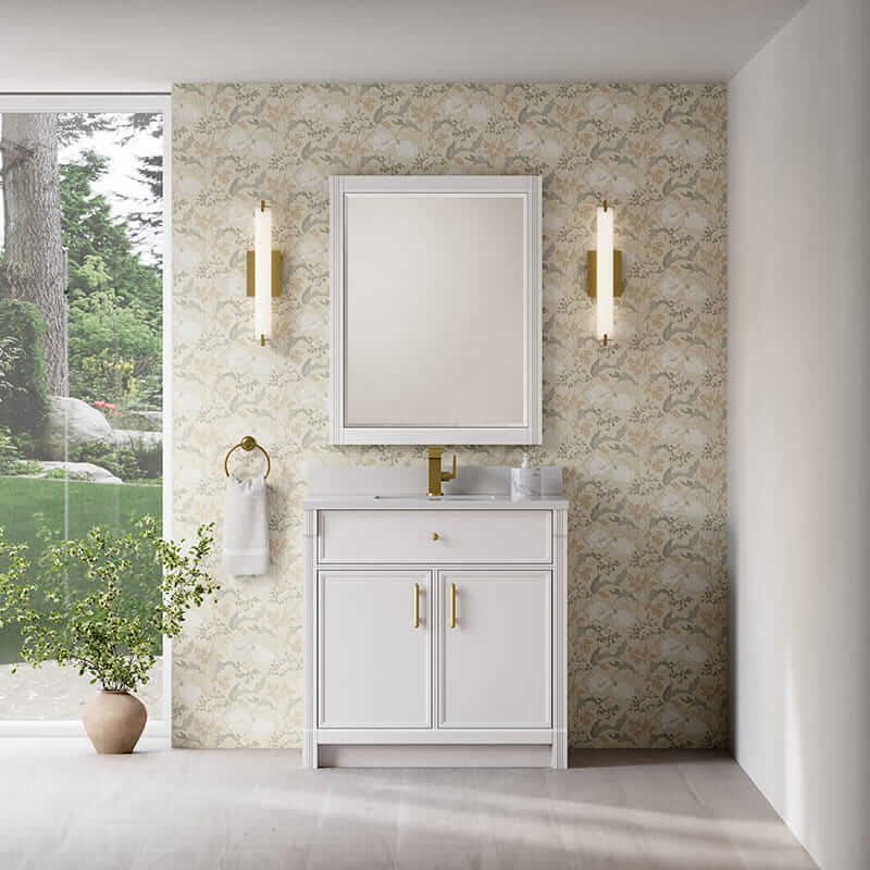 Bellshire 36 Inch Single Vanity in Bright White With Single Hole Faucet White Zeus Silestone Top Backsplash