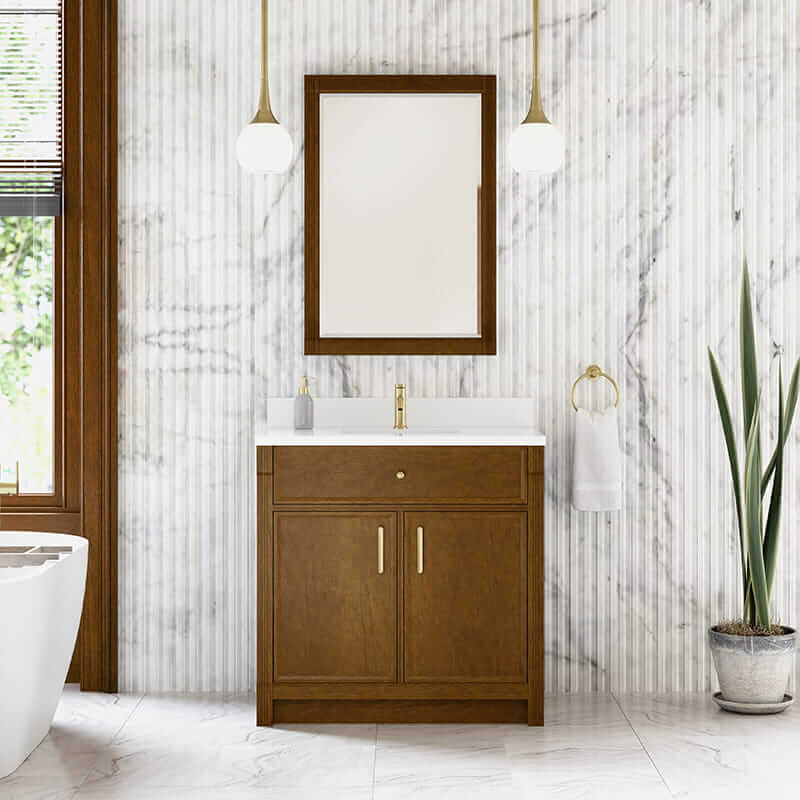 Bellshire 36 Inch Single Vanity in Honey Oak With Single Hole Faucet White Zeus Silestone Top Backsplash