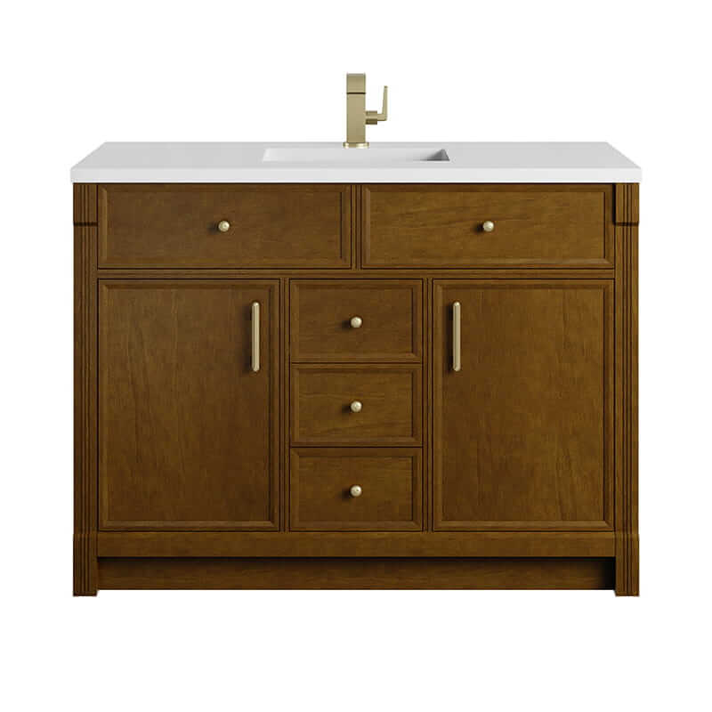 Bellshire 48" Single Vanity in Honey Oak With Single Hole Faucet White Zeus Silestone Top Backsplash
