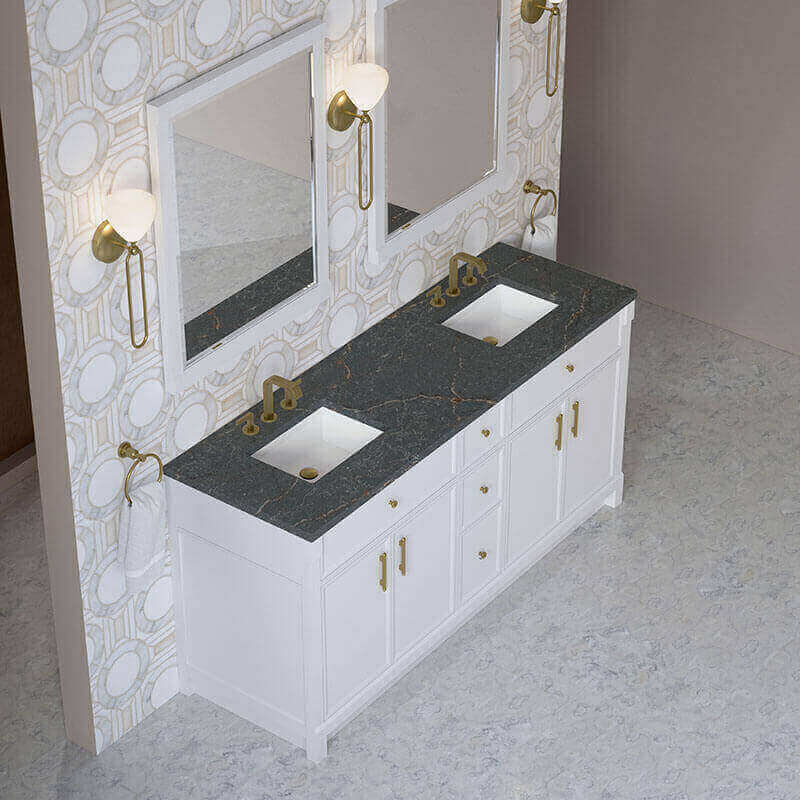 Bellshire 72 Double Vanity Bright White in Parisien Bleu Silestone Top