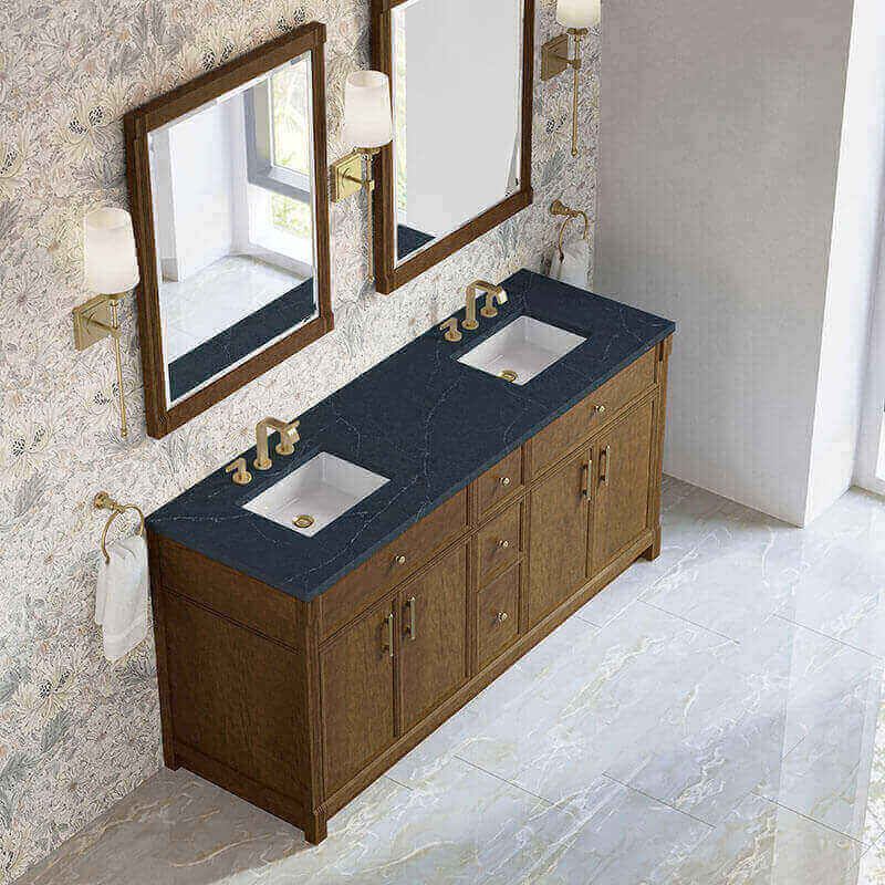 Bellshire 72 Double Vanity Honey Oak in Charcoal Soapstone Silestone Top