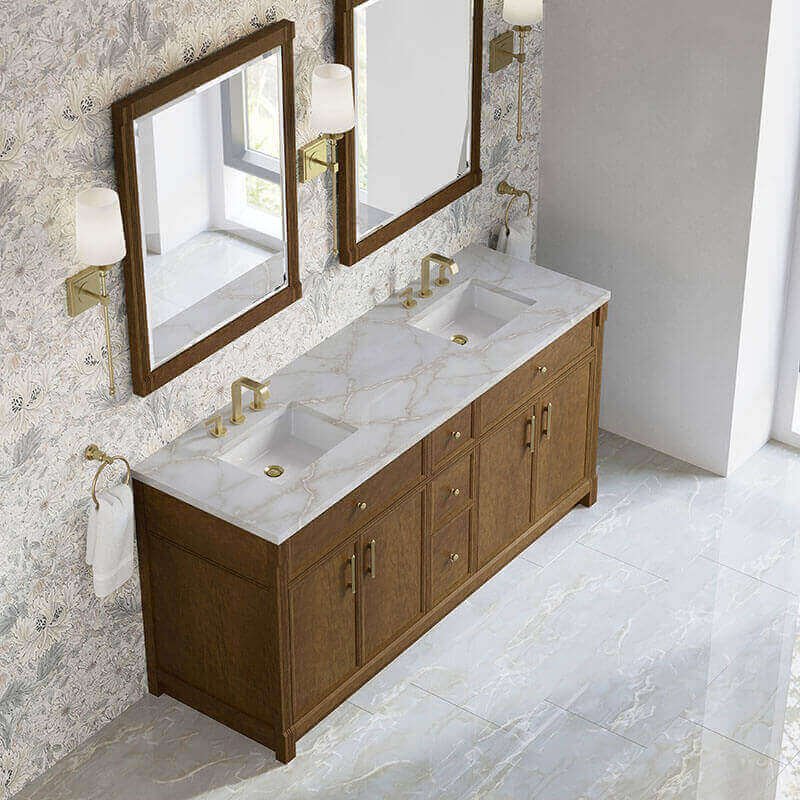Bellshire 72 Double Vanity Honey Oak in Victorian Silver Silestone Top