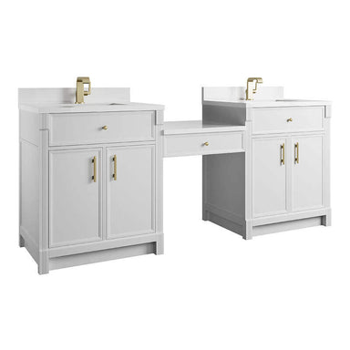 Bellshire 84 Dual Vanity With 24 Make-Up Counter Bright White in Single Hole Faucet White Zeus Silestone Top & Backsplash Corner View