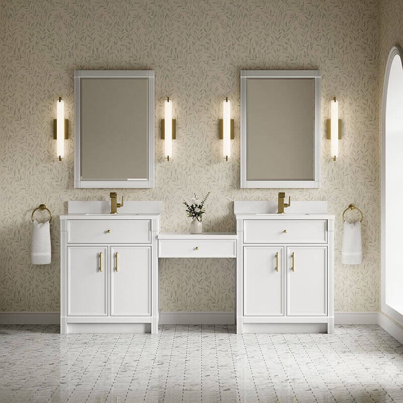 Bellshire 84 Inch Dual Vanity With 24 Inch Make-Up Counter Bright White
 in Single Hole Faucet White Zeus Silestone Top & Backsplash Front View